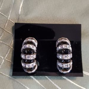 Vintage Large Rhinestone & Onyx Bead Hoops